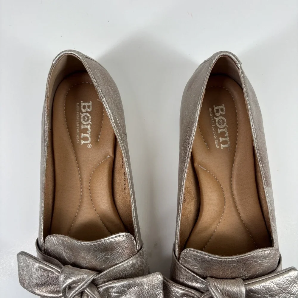 Born Carrine Women's US 7.5M Pewter Metallic Leather Bow Comfort Slip-On Loafers